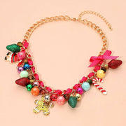 Holiday Santa Gingerbread Man Candy Cane Pearl Bow Charm Beaded Necklace