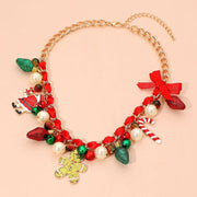 Holiday Santa Gingerbread Man Candy Cane Pearl Bow Charm Beaded Necklace